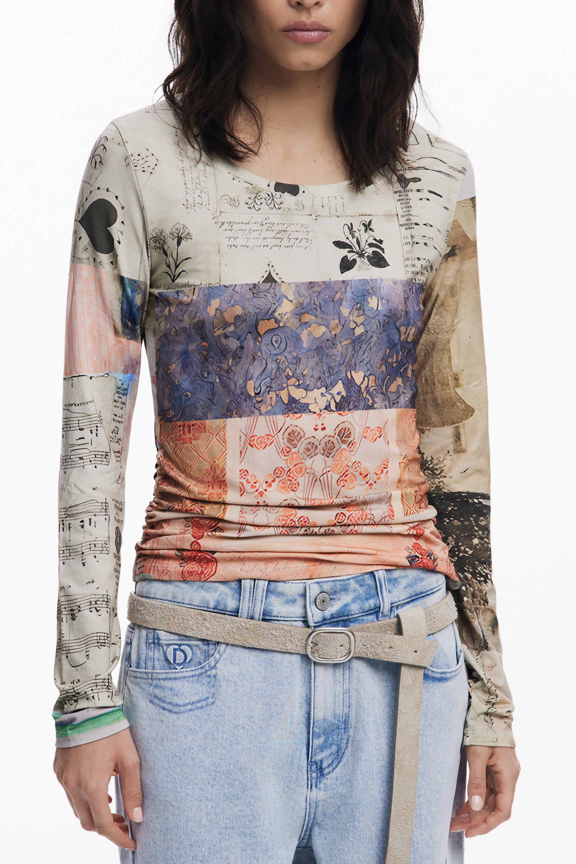 DESIGUAL WOMENS LONG-SLEEVE T-SHIRT BEIGE