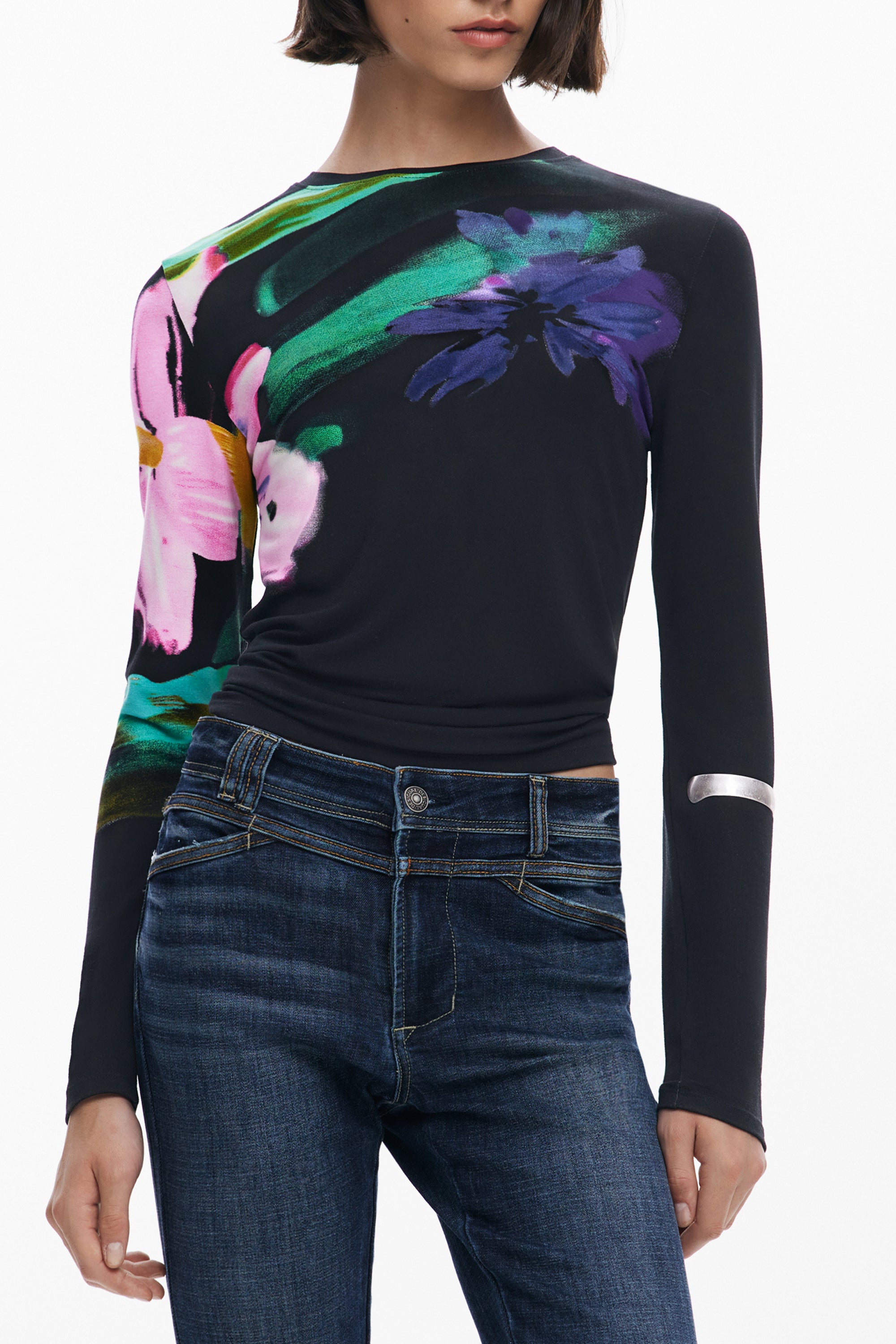 DESIGUAL WOMENS LONG-SLEEVED T-SHIRT BLACK
